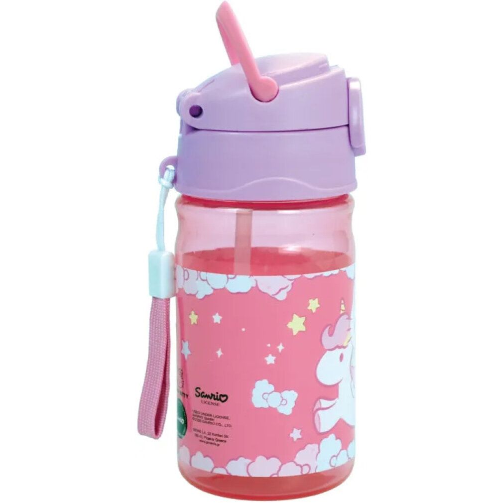 Kunststoffflasche mit Einhorn-Motiv, rosa, mit Trinkhalm und Trageschlaufe. Sanrio-Logo.