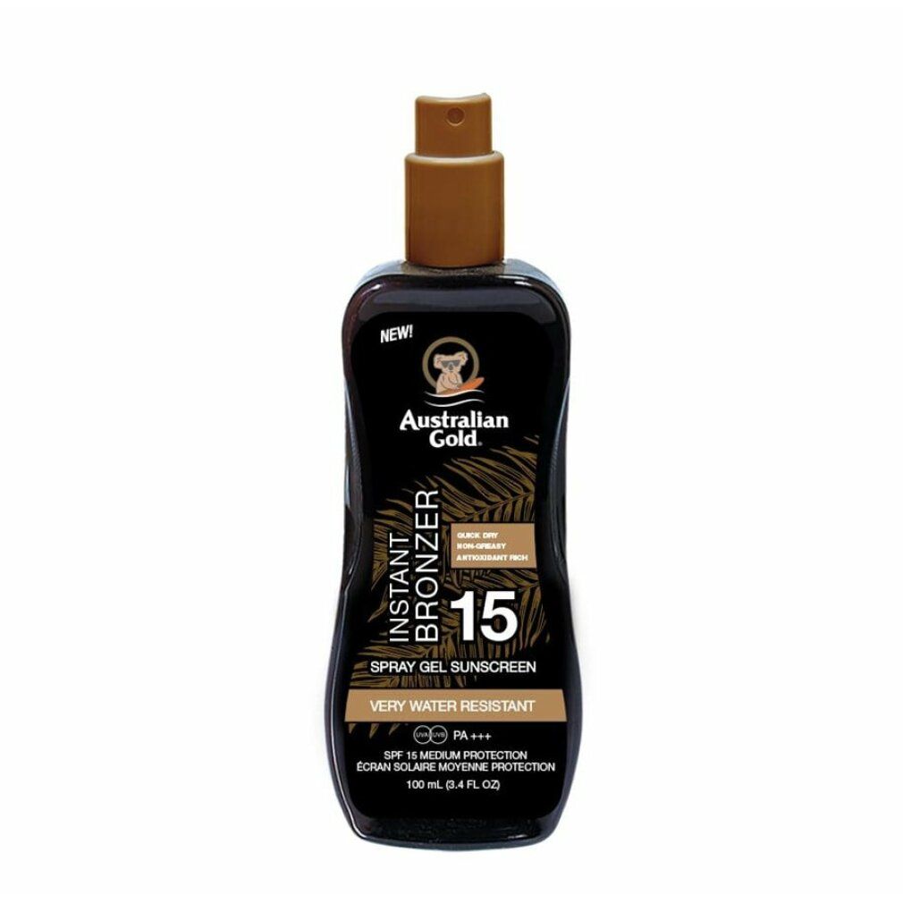 Schwarze Sprühflasche mit braunem Deckel. Aufschrift: Australian Gold, Instant Bronzer, 15, Spray Gel Sunscreen. Sehr wasserfest.