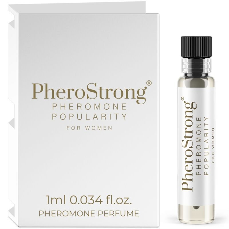 Weiße Schachtel und Flakon. Aufschrift: PheroStrong Pheromone Popularity für Frauen. Flakon: 1ml, 0.034 fl.oz. Pheromone Parfum.