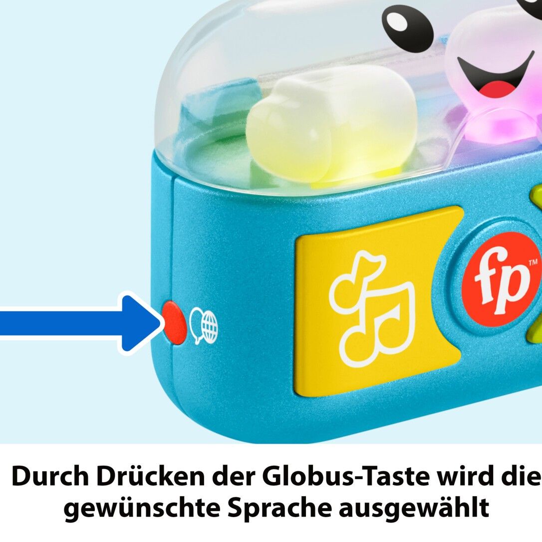 Nahaufnahme des Spielzeugs. Pfeil zeigt auf eine Taste. Text: Durch Drücken der Globus-Taste wird die gewünschte Sprache ausgewählt.