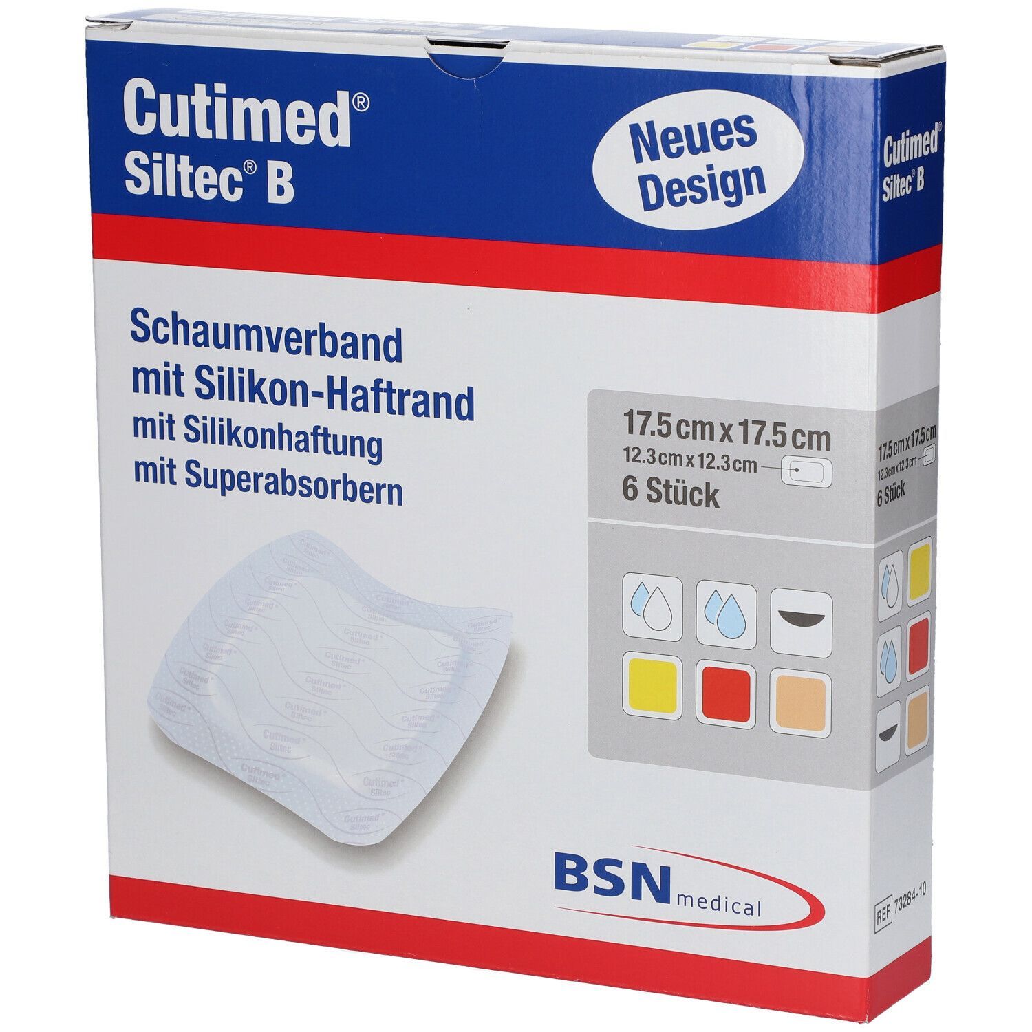 Verpackung von Cutimed Siltec B. Schaumverband mit Silikon-Haftrand. 17,5 x 17,5 cm, 6 Stück. BSN medical.