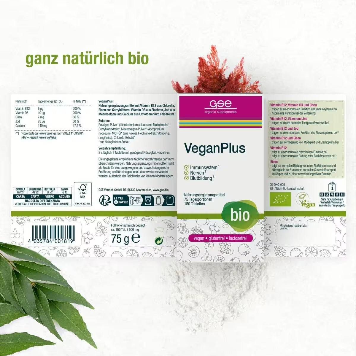 GSE VeganPlus, Packungsbeilage mit Produktinformationen. Aufschrift: VeganPlus, bio. Vegan, glutenfrei, laktosefrei. Mit Bio-Siegel.