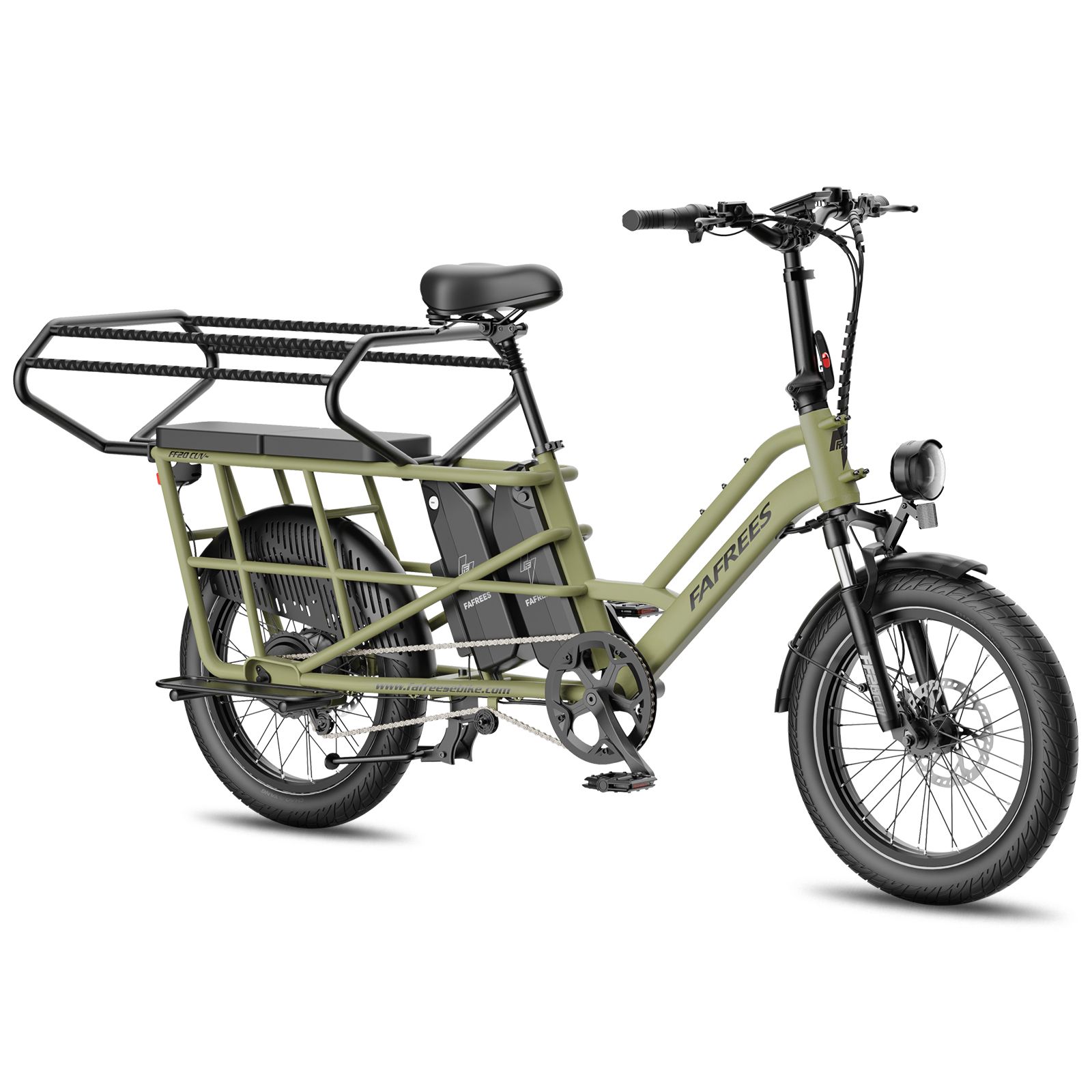 Grünes Elektro-Lastenrad, Seitenansicht von rechts, mit zwei Akkus.