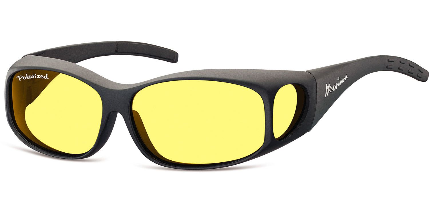 Sonnen-Überbrille mit gelben Gläsern. Schwarzer Rahmen, seitlicher Schutz. Auf dem Glas steht "Polarized".