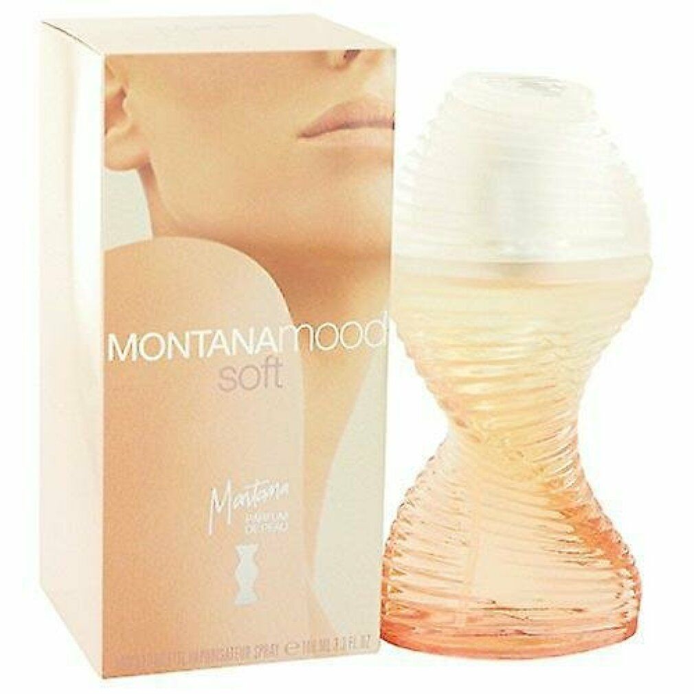 Eau de Toilette Montana Mood Soft. Flakon mit gewellter Form, neben Verpackung mit Schriftzug.