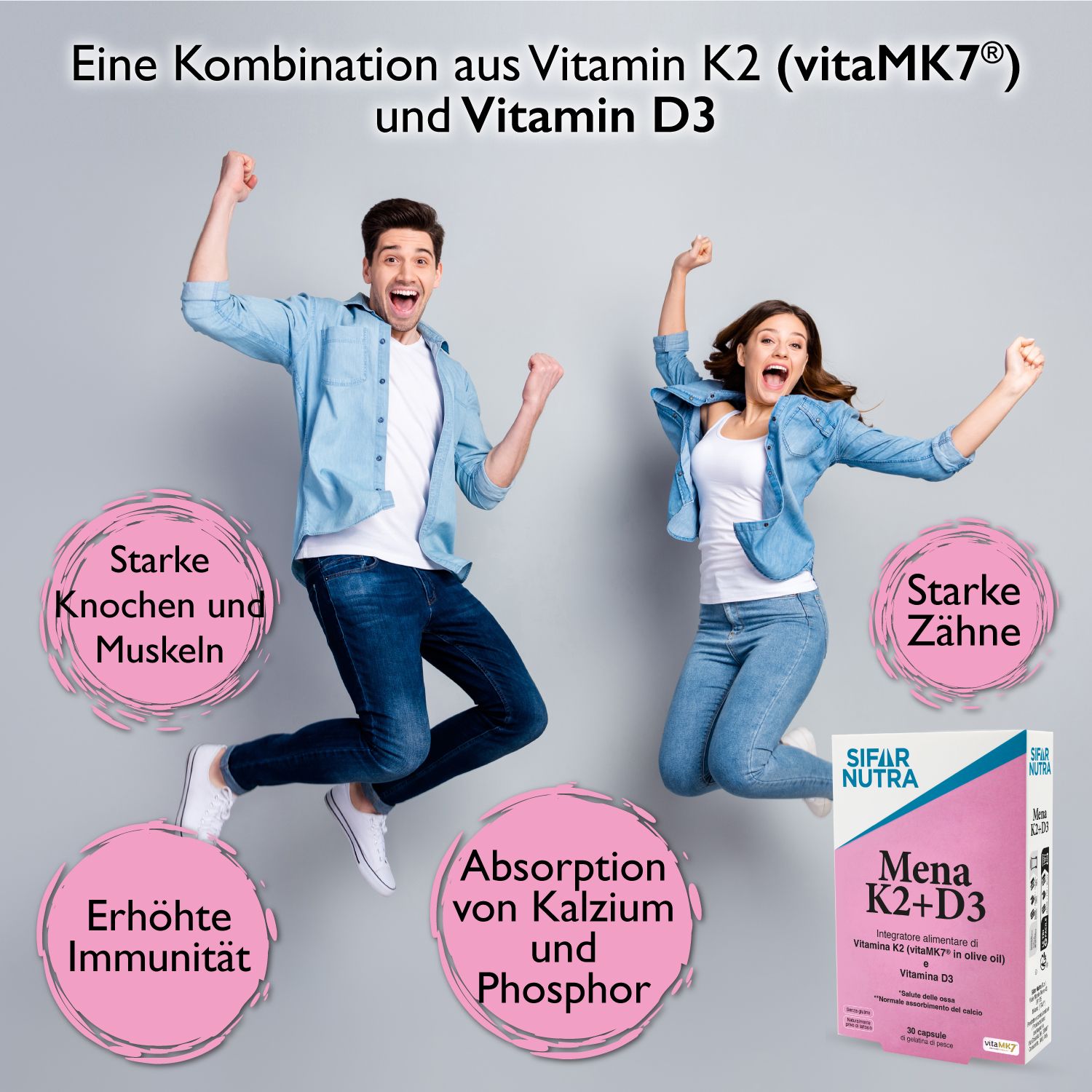 Zwei Personen springen. Sifar Nutra Mena K2+D3-Verpackung. Text: Knochen, Muskeln, Zähne, Immunität, Calcium.