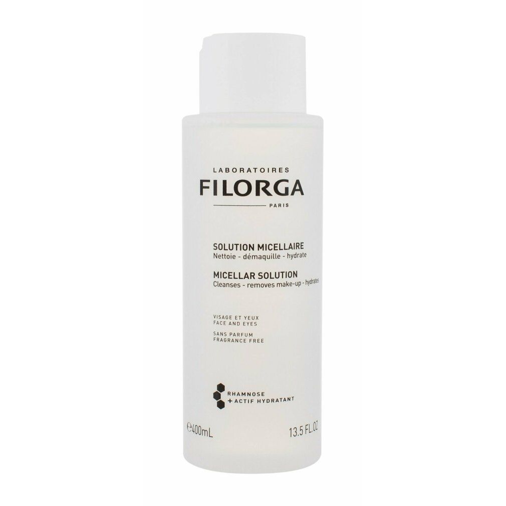Weisse Flasche mit Filorga-Etikett. Text: Solution Micellaire, Micellar Solution. Reinigt, entfernt Make-up, hydratisiert. 400ml, 13.5 FL OZ.