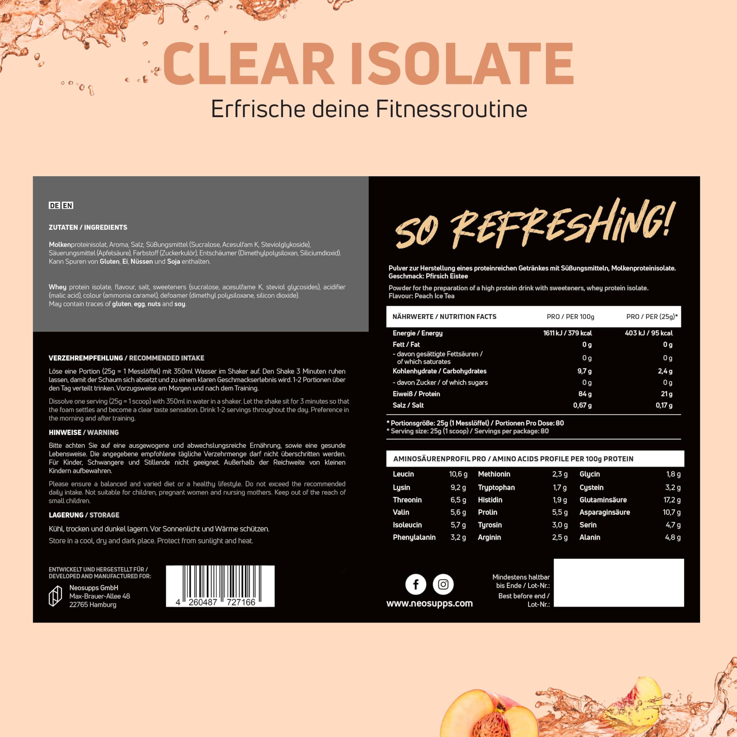 Rückseite eines Neosupps Clear Isolate Protein Pulver Behälters mit Nährwertangaben.