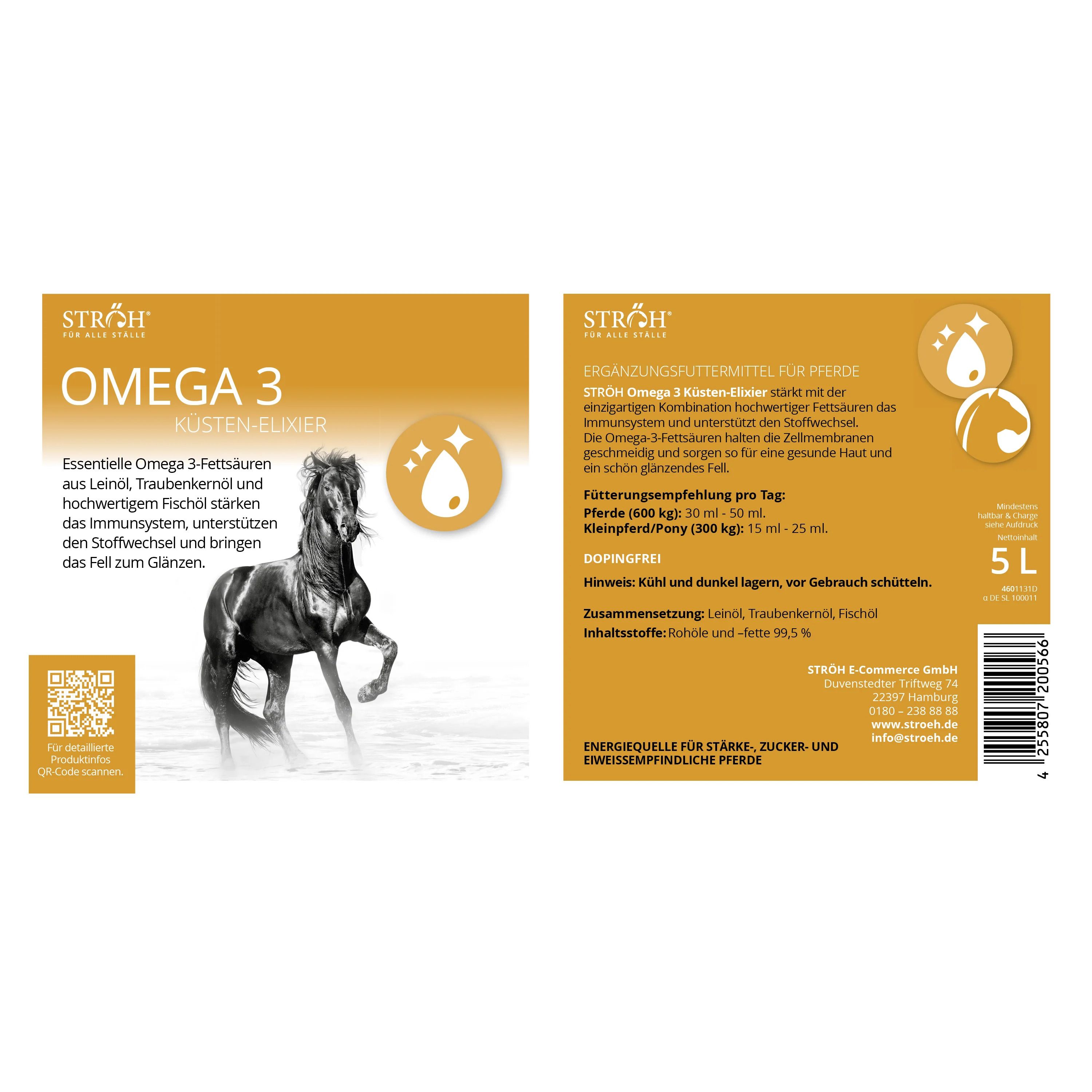 STRÖH Omega 3 Kanister. Etikett mit Produktinformationen und Abbildung eines Pferdes. 5L-Kanister.