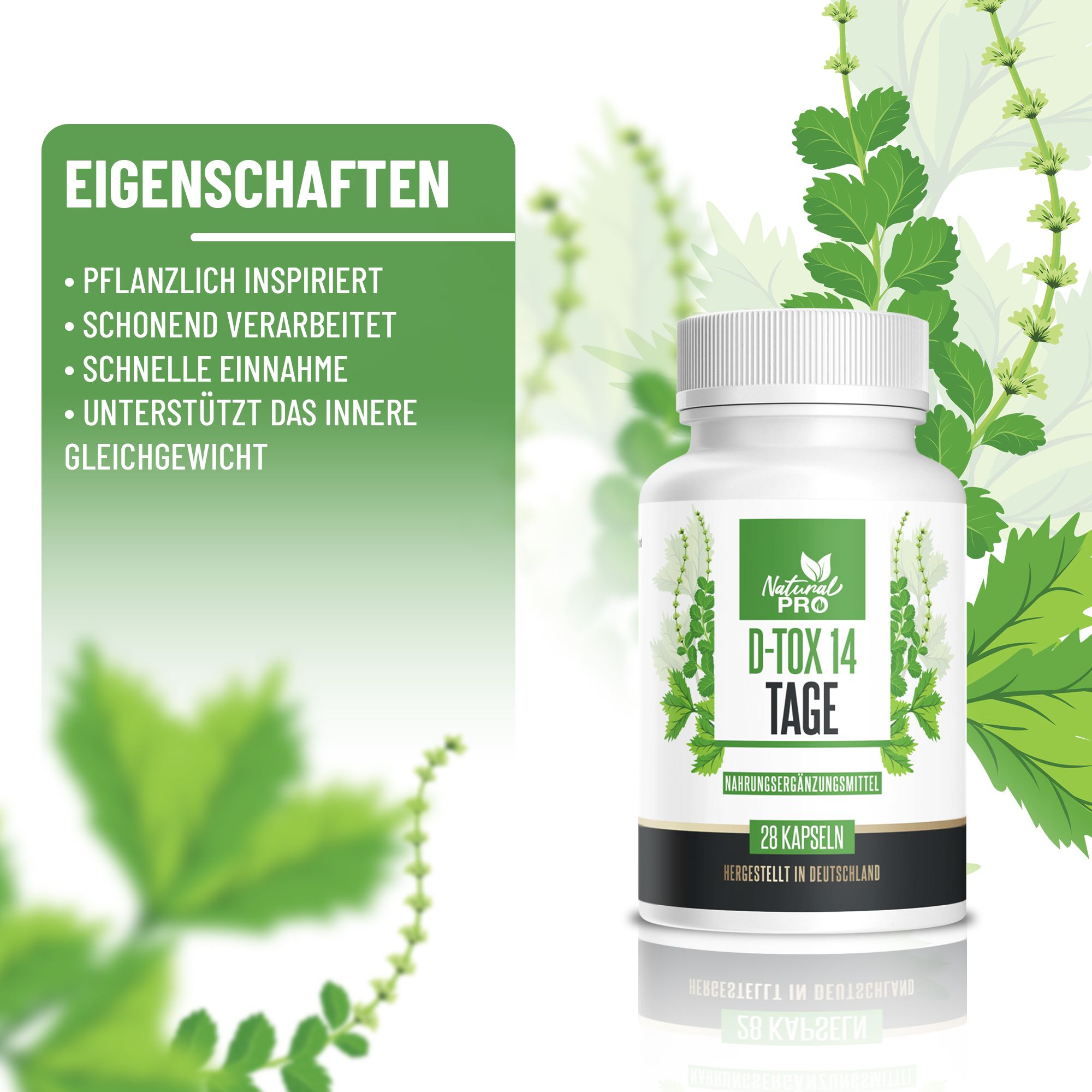 Weiße Kapsel-Dose mit grünem Etikett. Aufschrift: D-Tox 14 Tage. 28 Kapseln. Pflanzliche Inhaltsstoffe. Hergestellt in Deutschland.