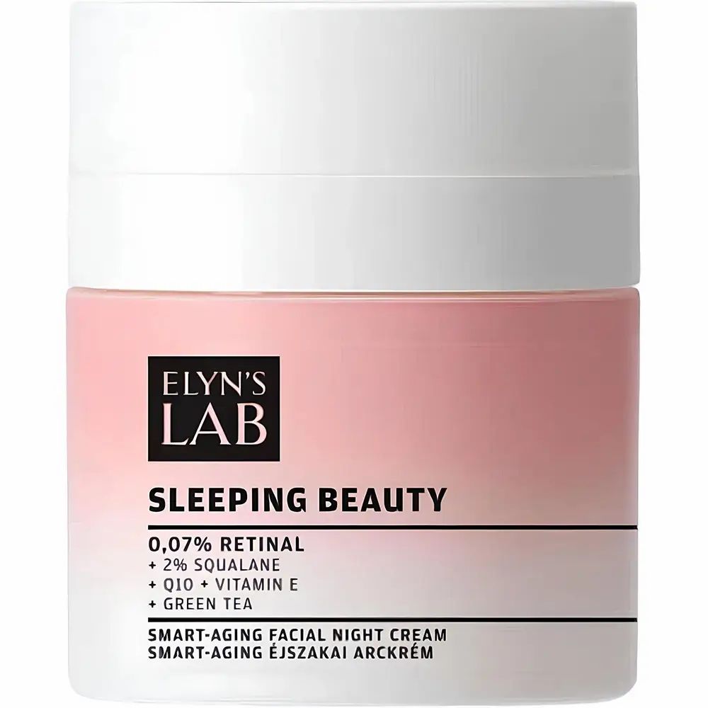 Cremebehälter mit rosa Etikett. Text: ELYN'S LAB, Sleeping Beauty, 0,07% Retinal, 2% Squalan, Q10 + Vitamin E, Green Tea. Weißer Deckel.