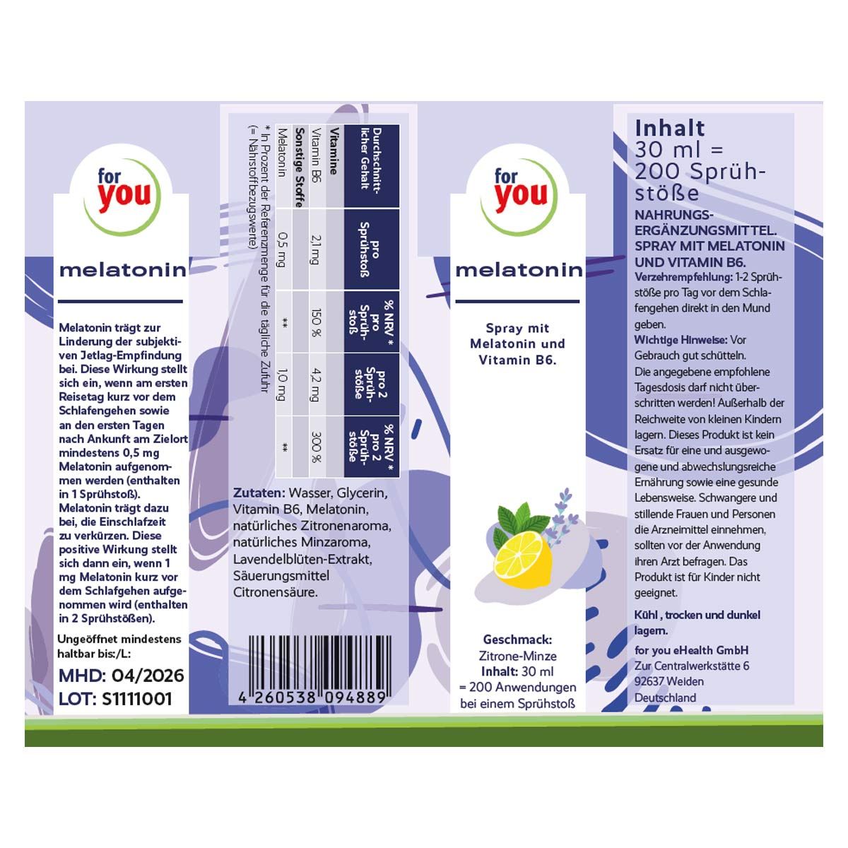 Verpackung Melatonin Spray mit Details zu Inhaltsstoffen, Nährwerten und Anwendung.