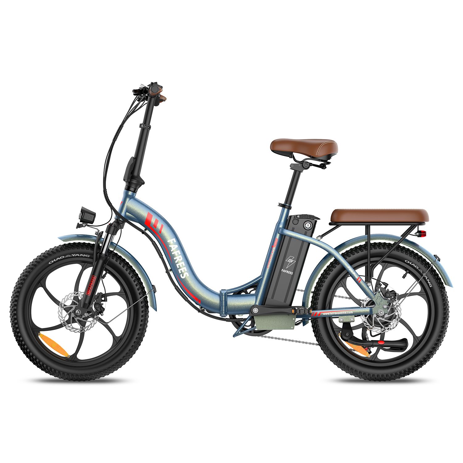 Faltbares E-Bike mit breiten Reifen. Blau-grauer Rahmen, brauner Sattel. Marke FAFREES, Akku am Rahmen.