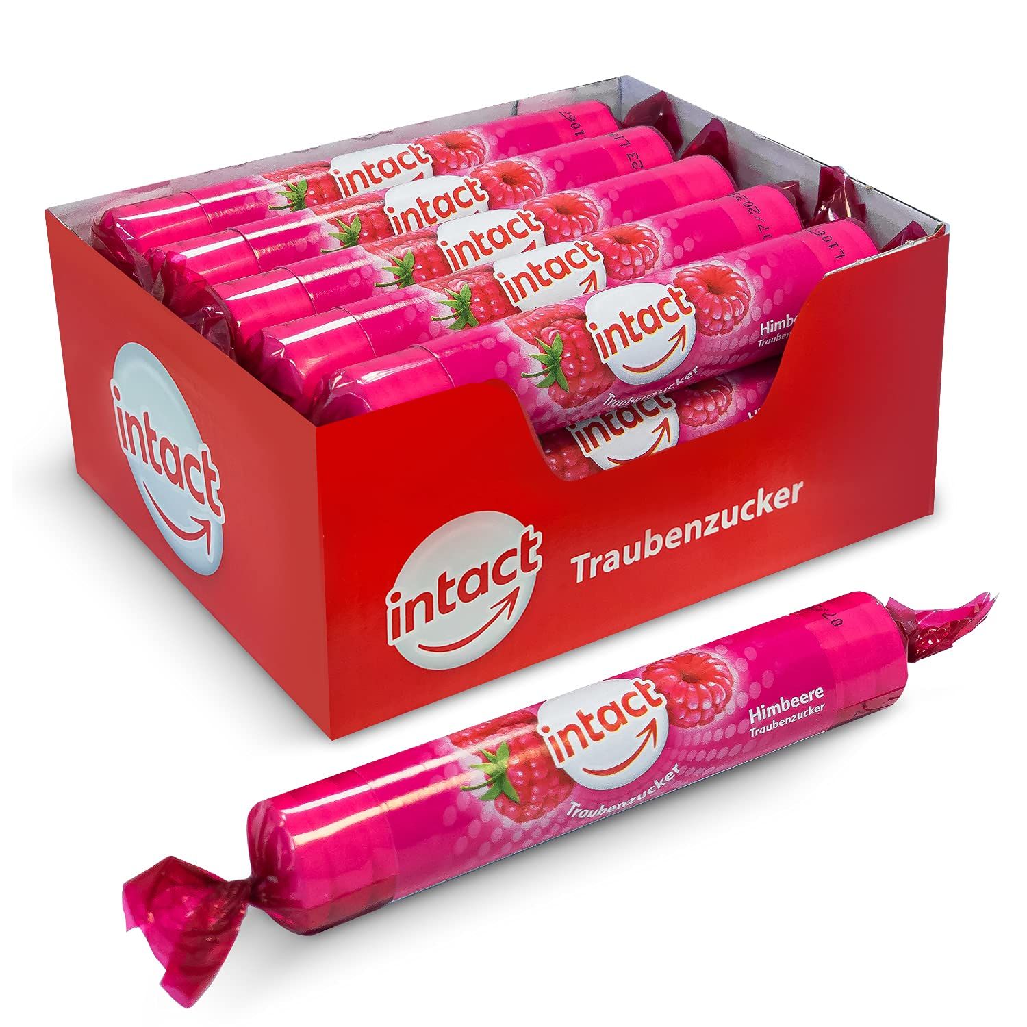Eine geöffnete rote Box mit Rollen Traubenzucker. Eine Rolle liegt davor. Aufdruck: Himbeere Traubenzucker.