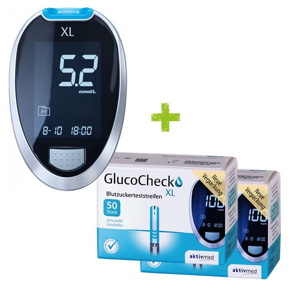 GlucoCheck XL Set [mmol/L] mit 110 Teststreifen zur Kontrolle des Blutzuckers