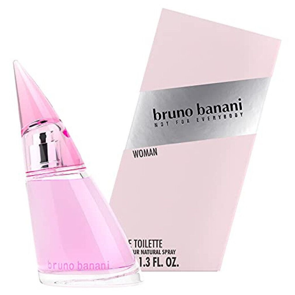 Rosa Eau de Toilette Flakon mit schräger Form und rosa Verpackung. Aufschrift: Bruno Banani Woman.