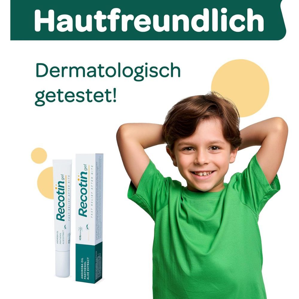 Kind mit grünem T-Shirt. Text: Hautfreundlich, Dermatologisch getestet. Recotin Gel Tube und Verpackung.