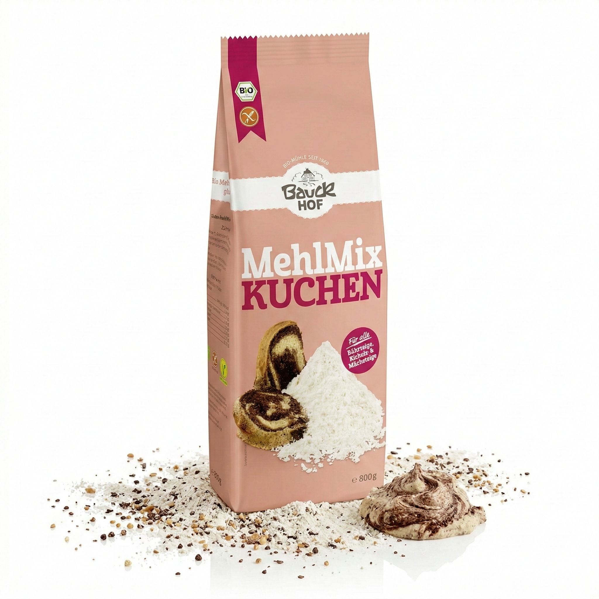 Bauckhof MehlMix Kuchen glutenfrei Backmischung, 800g Packung mit Kuchenabbildung, Mehl und Teigprobe.