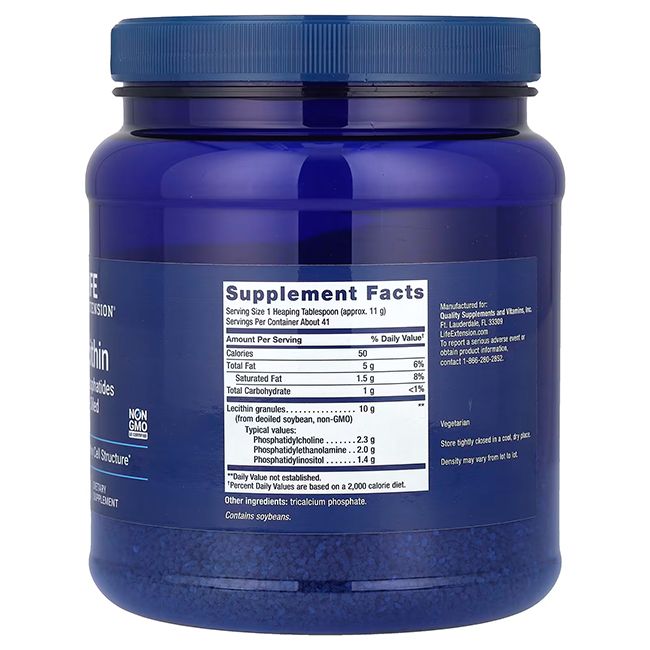 Rückseite des Life Extension Lecithin Pulver Behälters. Zeigt 'Supplement Facts' mit Nährwertangaben und Inhaltsstoffen.