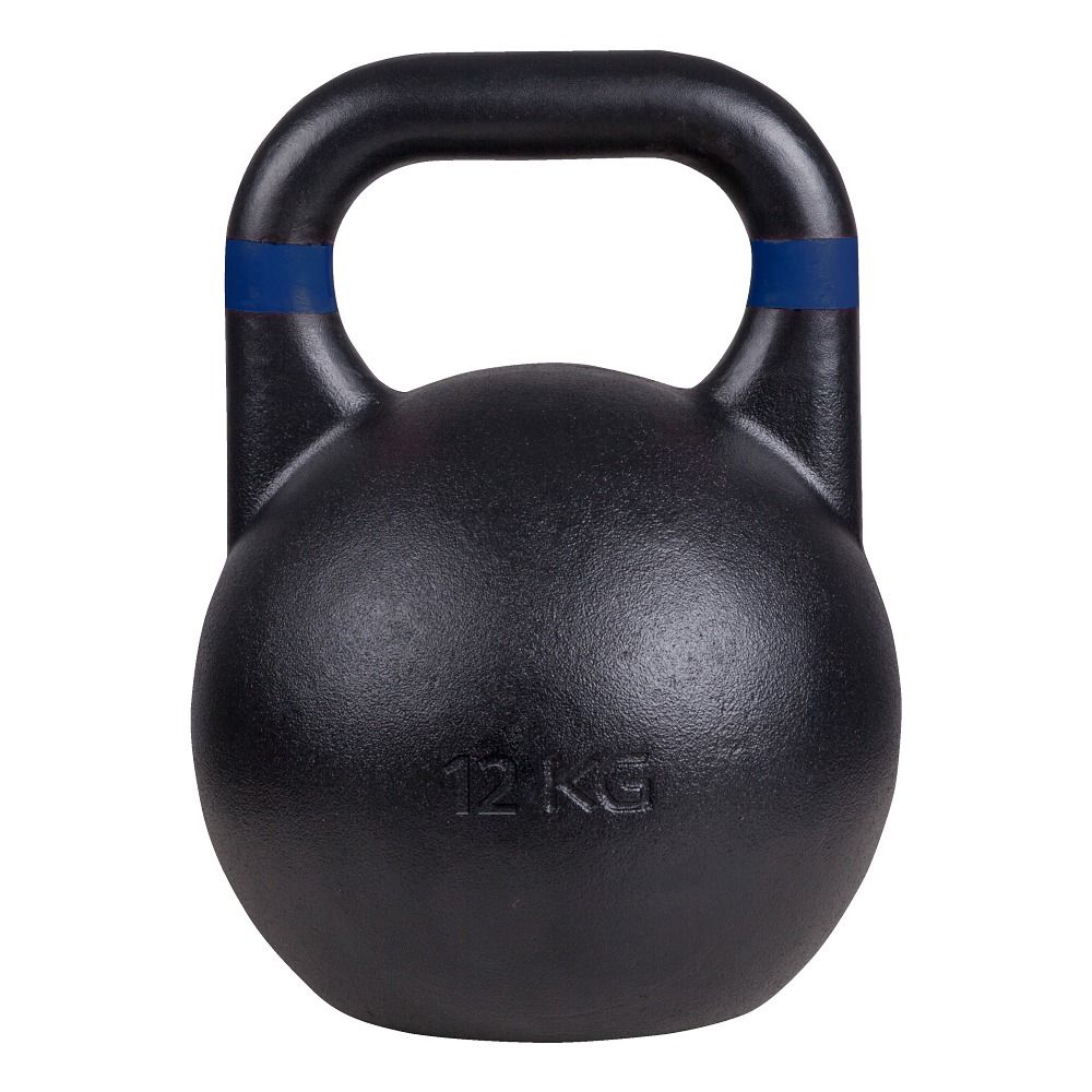 Schwarze Kettlebell mit blauer Griffmarkierung. Gewicht: 12 kg. Kugelförmig mit Henkel.