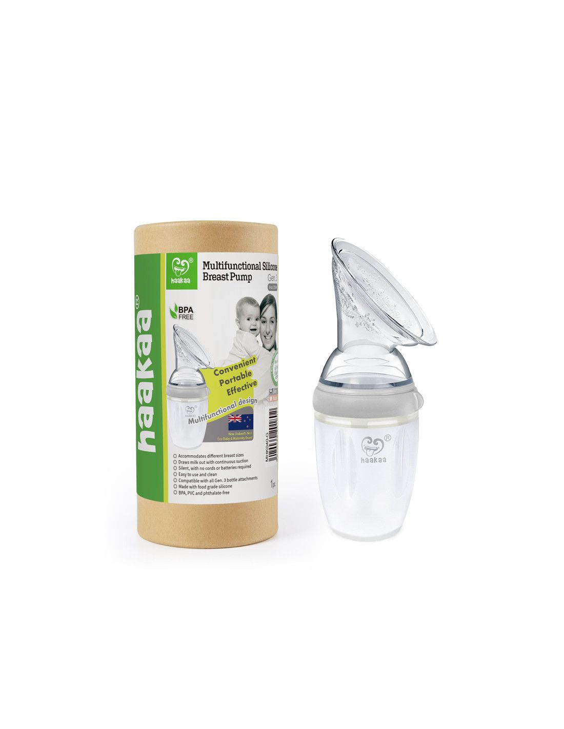 Milchpumpe neben zylindrischer Verpackung. Verpackung mit Produktbild und Text.