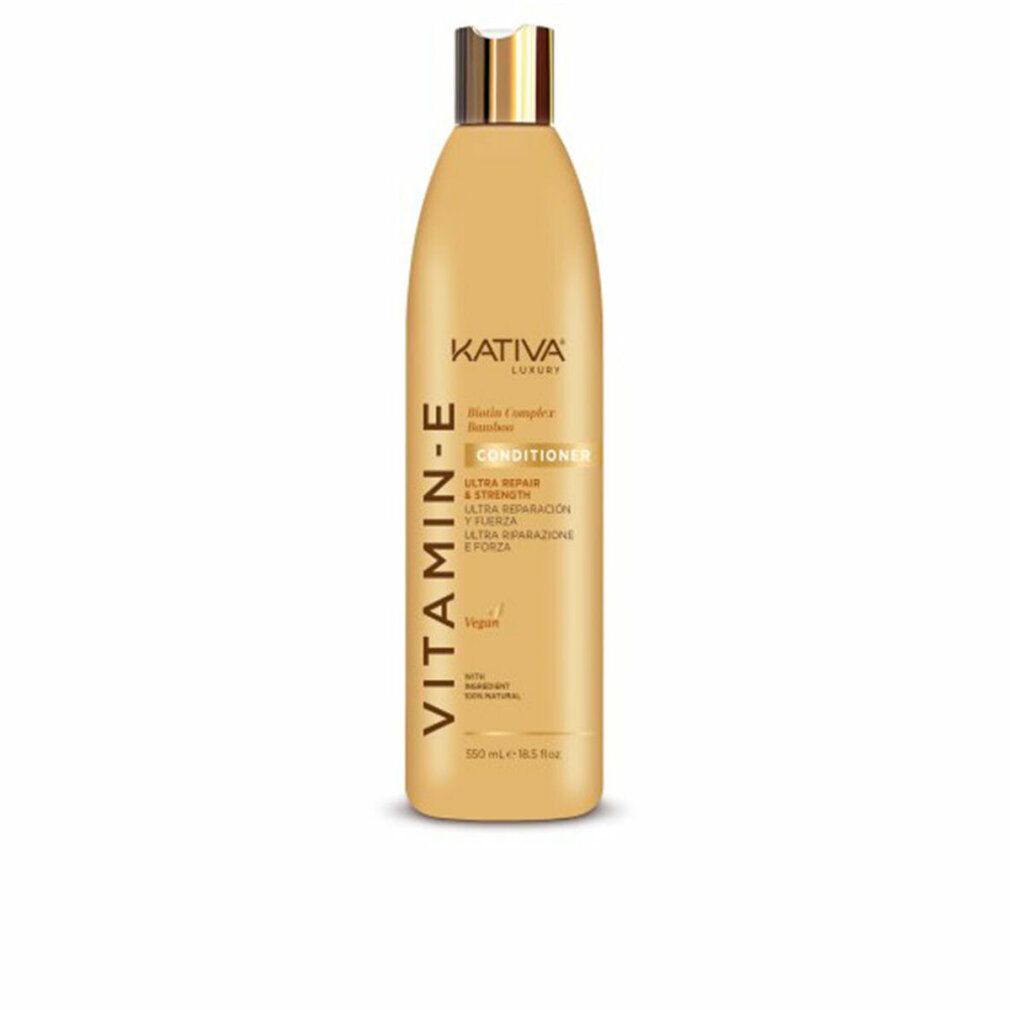 Beige Flasche mit goldfarbenem Deckel. Aufschrift: Vitamin E, Conditioner, Ultra Repair & Strength. Marke: Kativa.