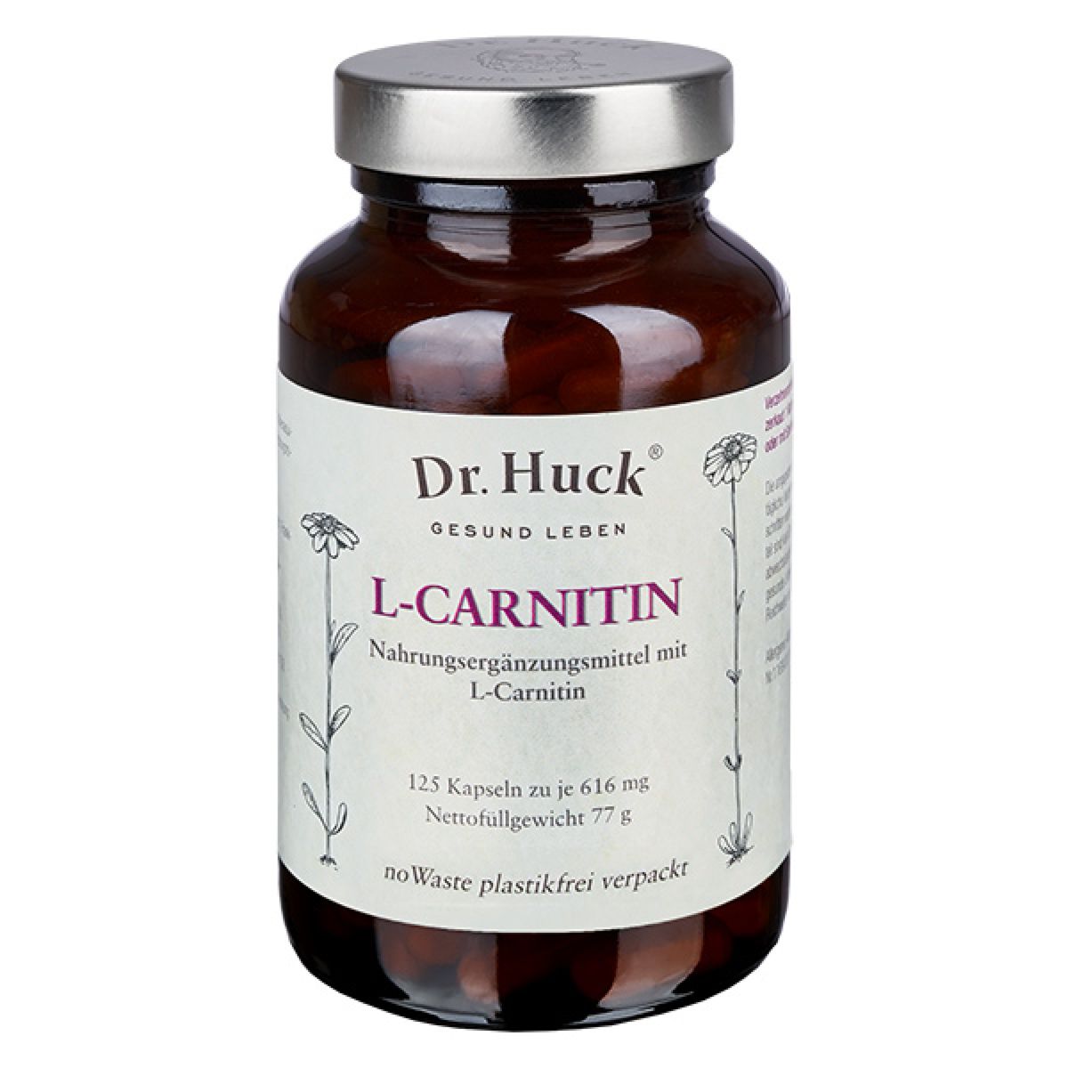 Braune Glasflasche mit "Dr. Huck L-Carnitin"-Kapseln. Aufschrift: "125 Kapseln", "Nahrungsergänzungsmittel".