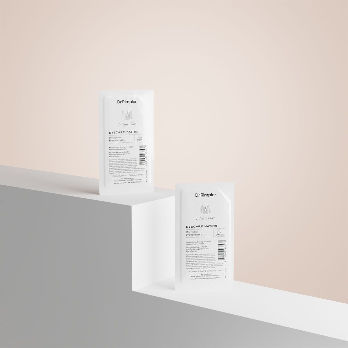Zwei Packungen Dr. Rimpler Intense Flow Eyecare Matrix auf einer weißen Stufe.