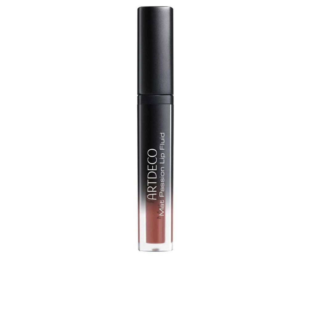 Artdeco Mat Passion Lip Fluid. Schwarze Kappe, transparente Hülse mit rosafarbenem Inhalt. Produktetikett.