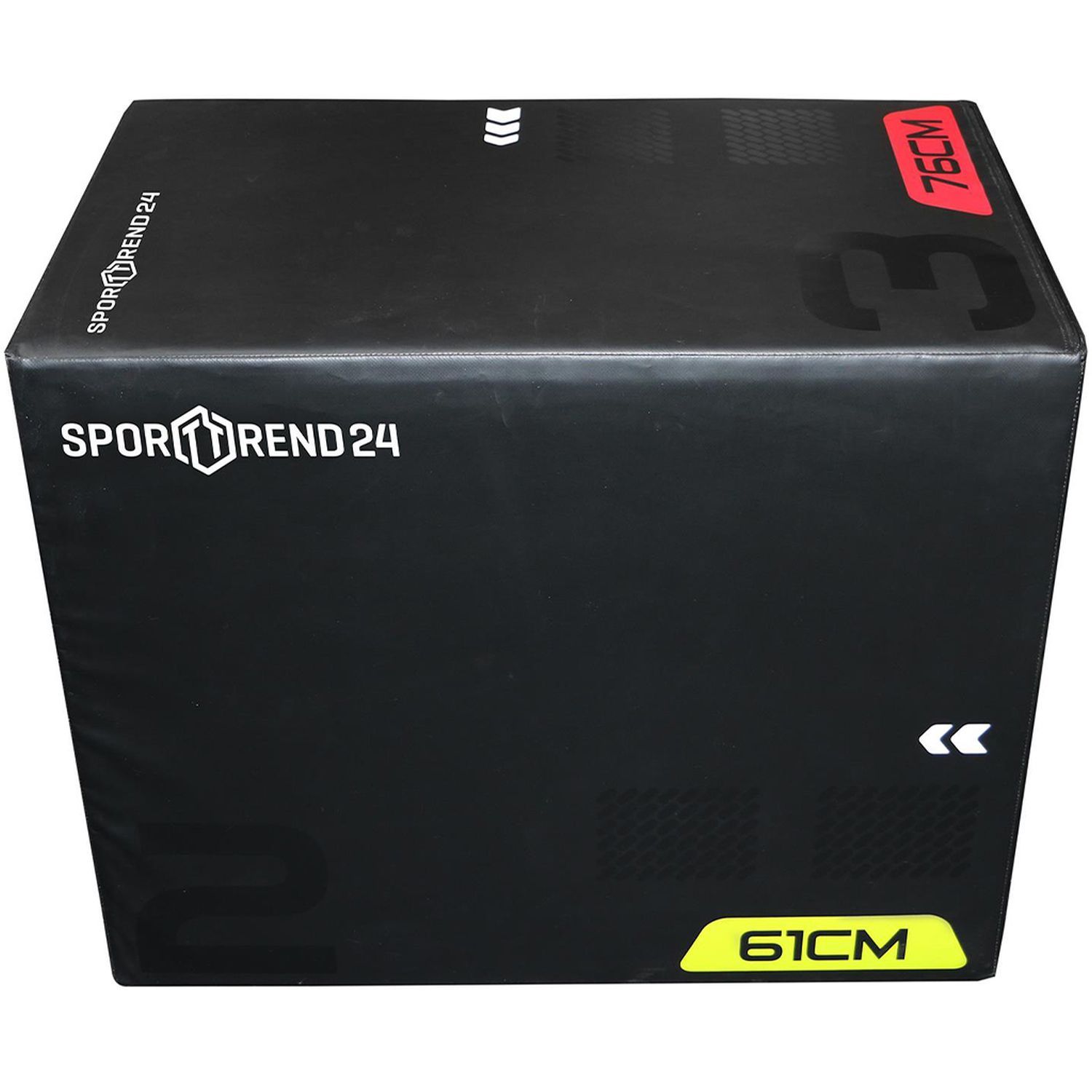 Schwarzer Plyo Box mit PVC-Ummantelung. Gelber Aufkleber mit 61cm. Roter Aufkleber mit 76cm. Sporttrend24 Logo.