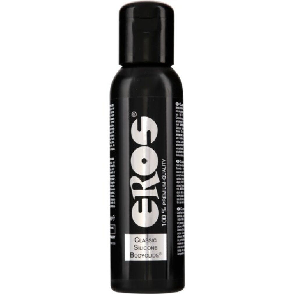 Schwarze Flasche mit schwarzem Deckel. Aufschrift "eros" und "CLASSIC SILICONE Bodyglide".