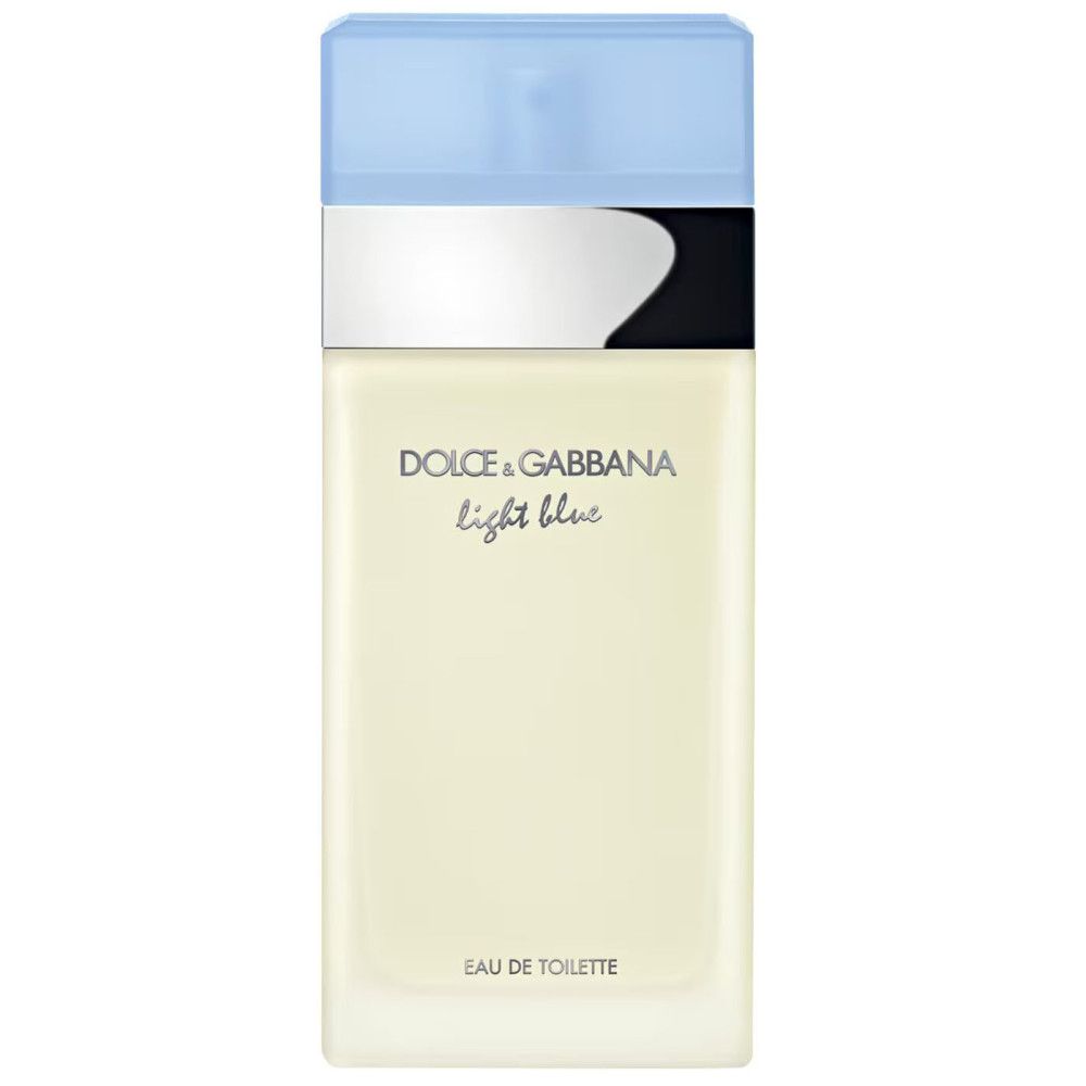 Dolce & Gabbana Light Blue EdT Flakon. Hellblauer Deckel, silberner Streifen, weißes Etikett.