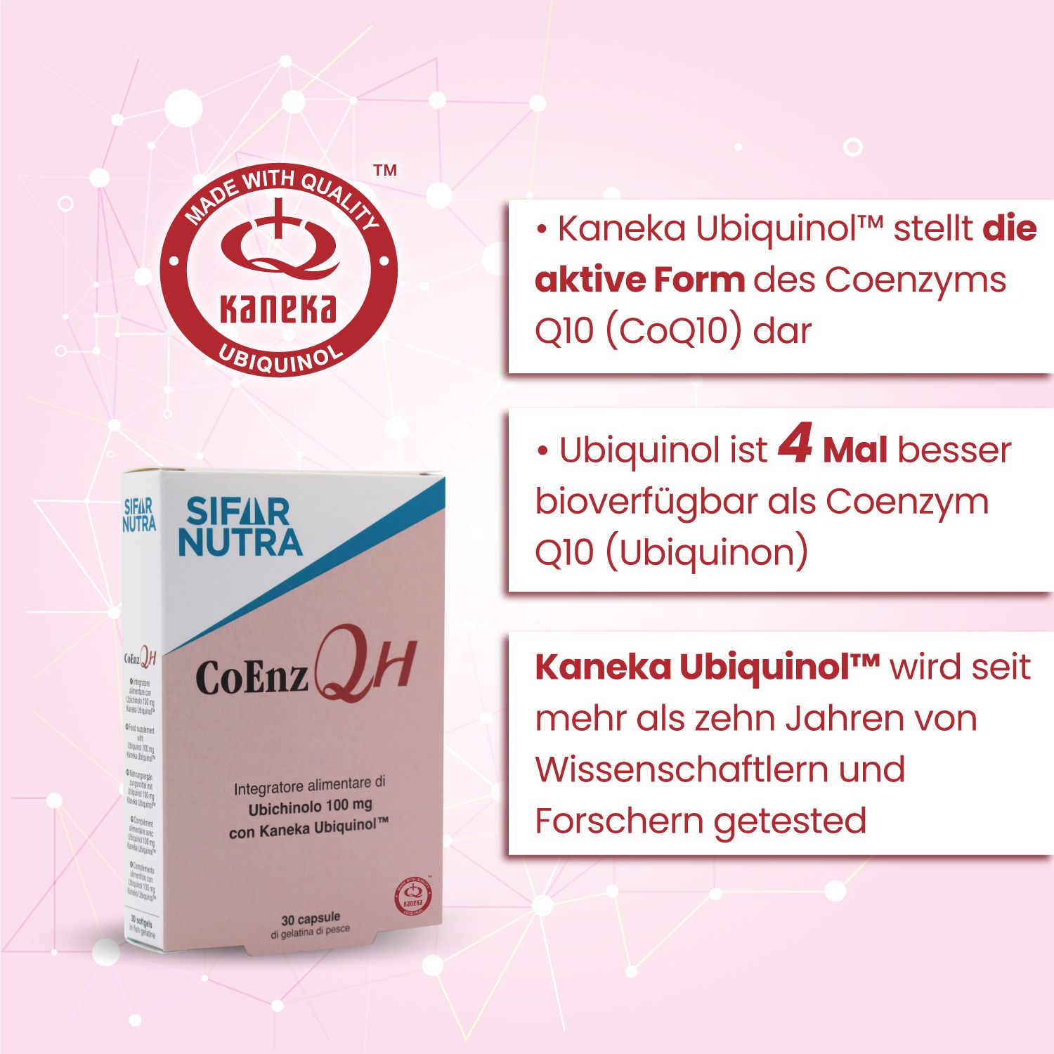 Sifar Nutra CoEnz QH-Packung. Text: Kaneka Ubiquinol, die aktive Form von Coenzym Q10. Qualitätszeichen.