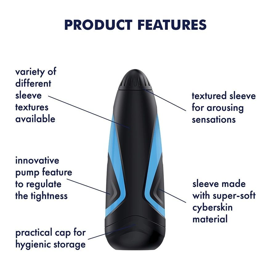 Schwarz-blaues Gerät mit abgerundeter Spitze. Blaue Akzente. Vertikale Form. Text: Produktmerkmale.