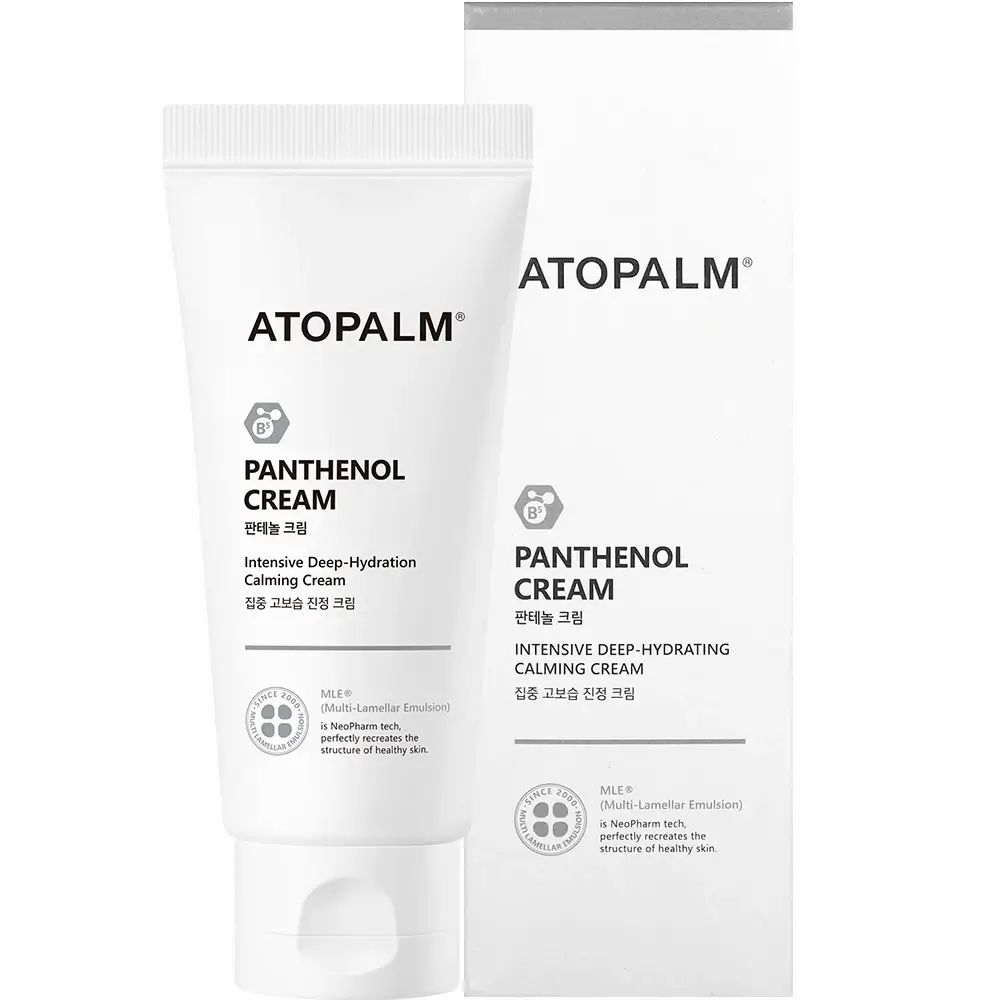 Tube und Verpackung mit Produktnamen und Logo. Aufschrift: ATOPALM, Panthenol Cream. Text: Intensive Deep-Hydration Calming Cream.