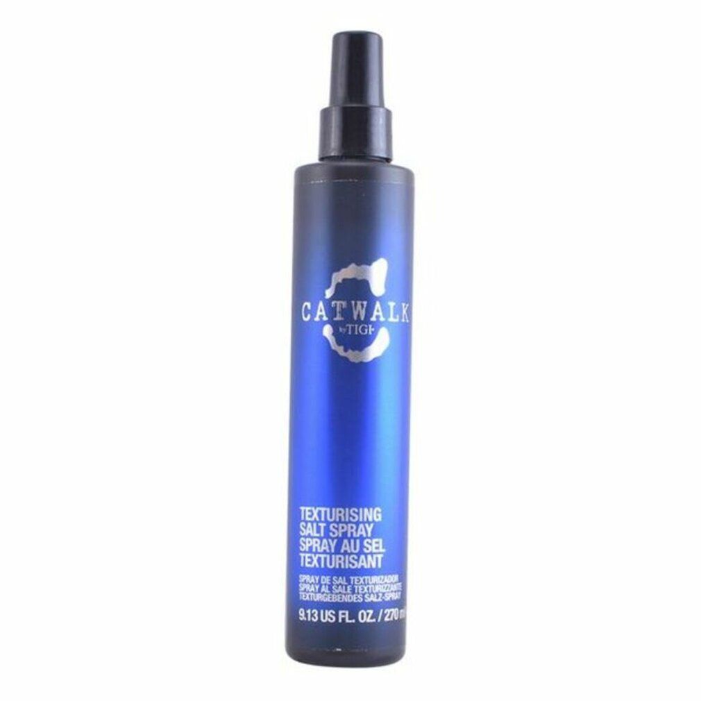 Blaue Sprühflasche mit schwarzem Sprühkopf. Aufschrift: CATWALK by TIGI. Texturgebendes Salz Spray.