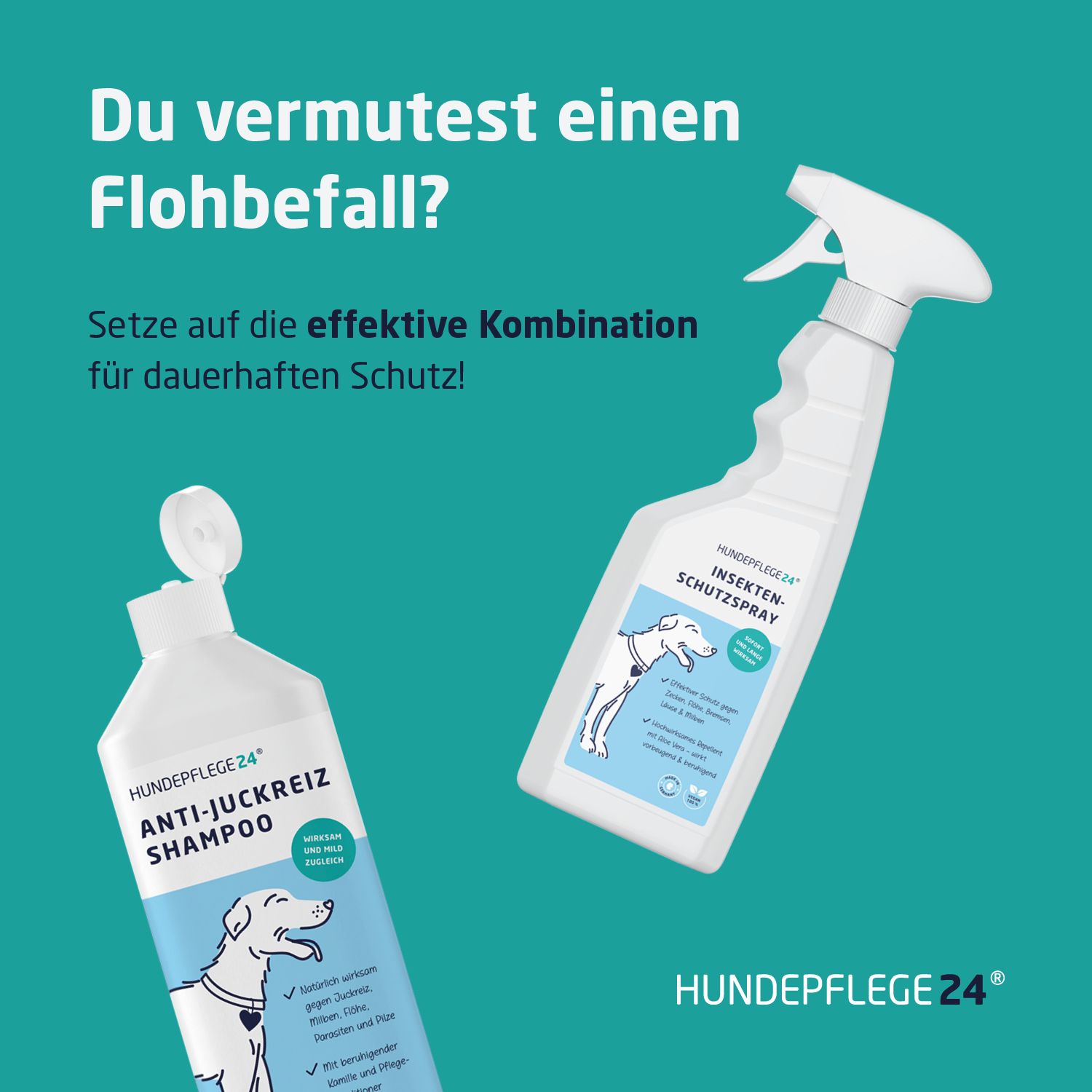 Produktabbildung mit Hundeshampoo und Insektenschutzspray. Kombination für dauerhaften Schutz. Hundeshampoo gegen Juckreiz.
