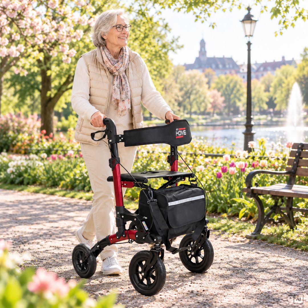 Ältere Frau mit rotem abc HOME Rollator im Frühling.