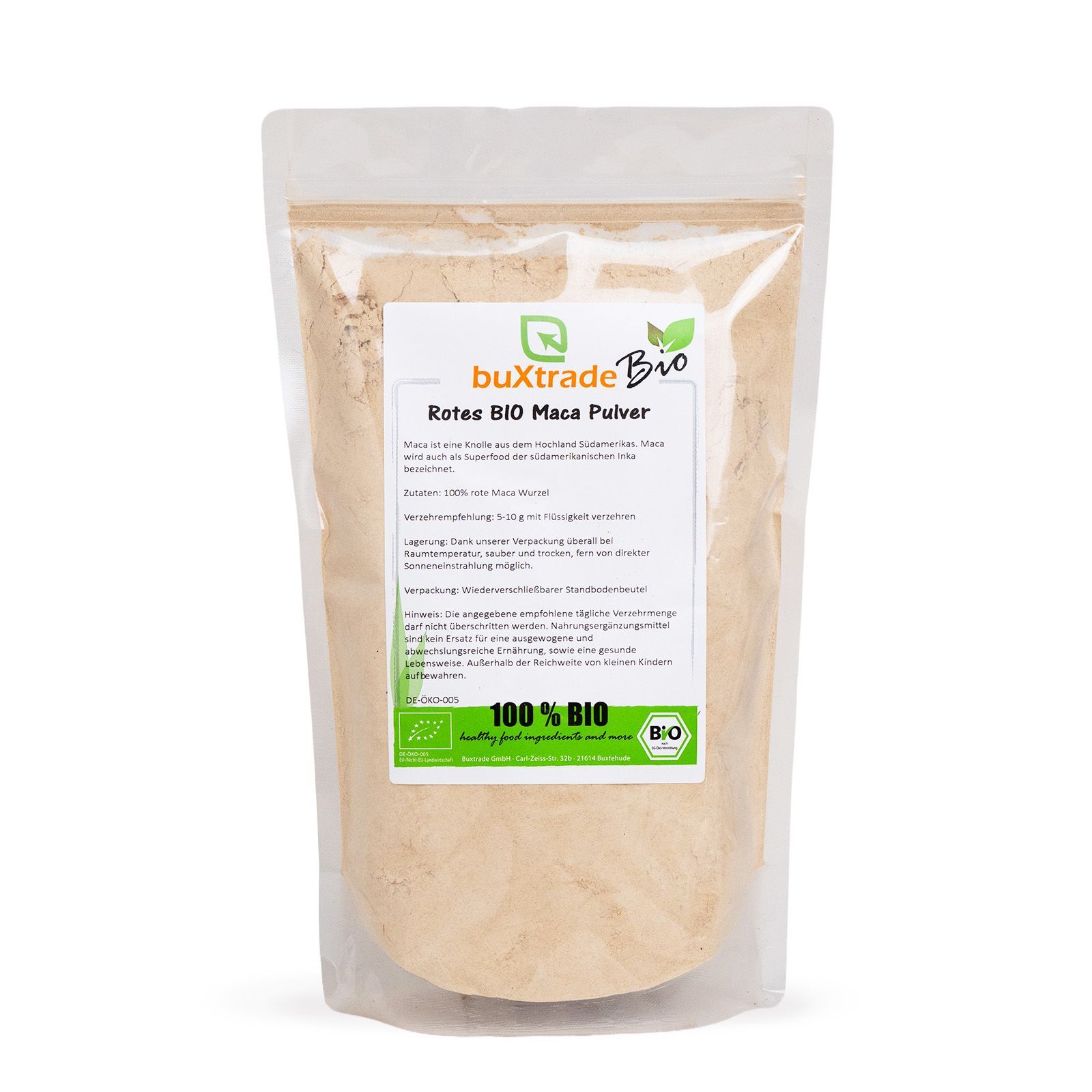 Transparente Tüte mit beigem Pulver, Etikett: buXtrade Bio Maca.