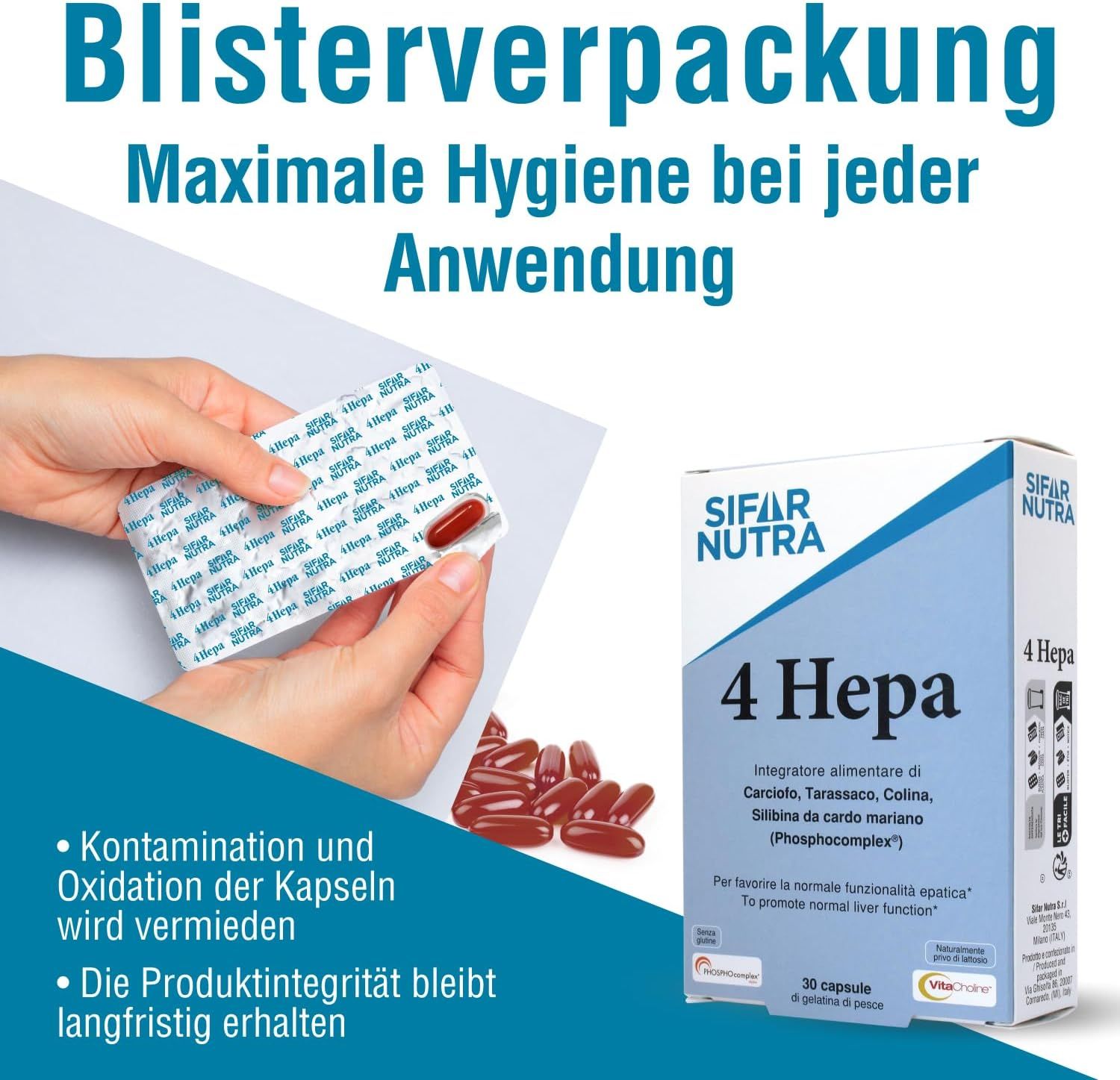 Hände halten Blisterpackung mit Kapseln. Daneben Schachtel Sifar Nutra 4 Hepa. Text: Blisterverpackung.