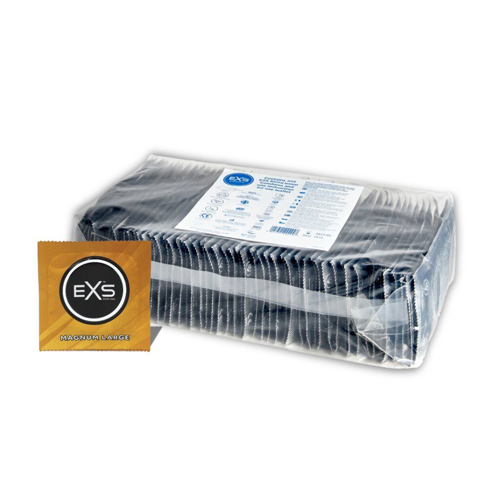 EXS Magnum Large Kondome: Einzelverpackungen und Großpackung.