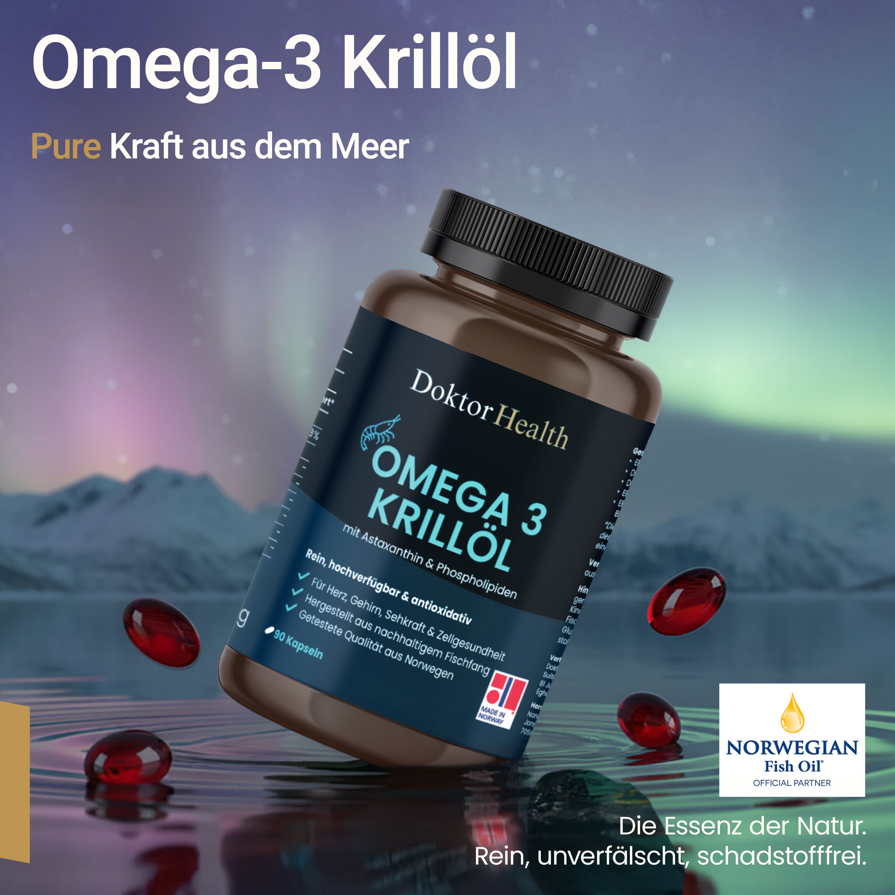Flasche mit Omega-3 Krillöl und rote Kapseln. Text: Pure Kraft aus dem Meer. Logo: Norwegian Fish Oil Official Partner. Hintergrund: Natur.