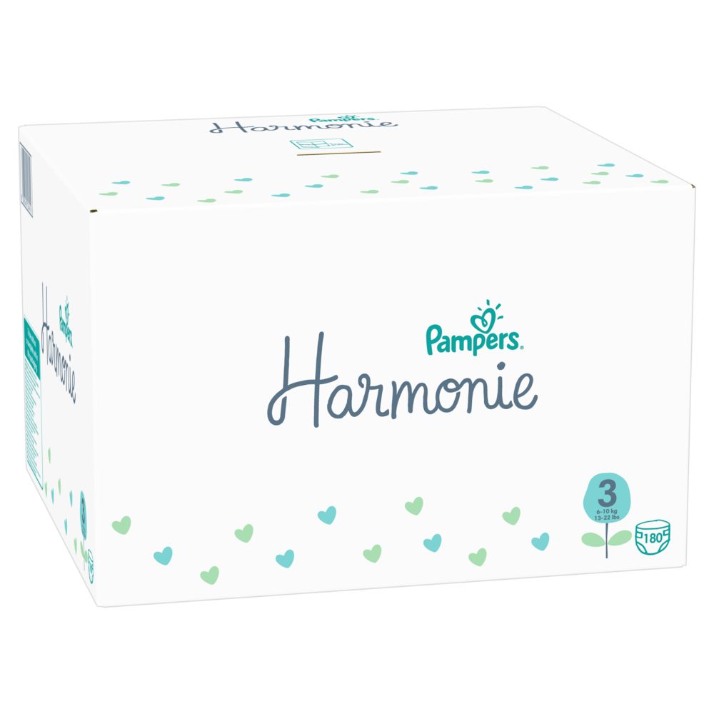 Pampers Harmonie MonatsBox. Weißer Karton mit Logo, Produktname und Größe 3. Seitenansicht.
