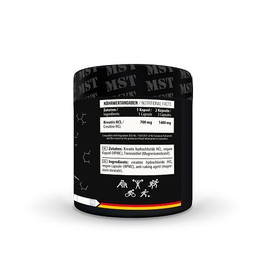 Schwarze Dose, Rückseite. Nährwertangaben: Kreatin HCL, 700mg/1400mg. Zutaten, Inhaltsstoffe. Vegan. Flagge Deutschland.