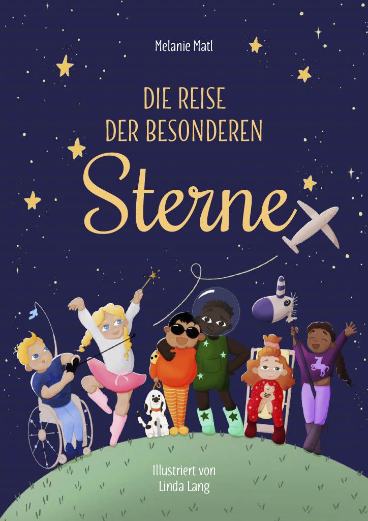 Buchcover mit Titel "Die Reise der besonderen Sterne". Illustration von Kindern und Sternen vor blauem Nachthimmel.