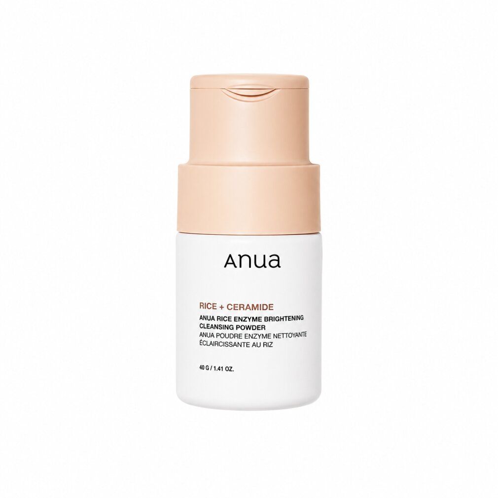 Weiße Flasche mit beigefarbenem Klappdeckel. Beschriftung: Anua, Rice + Ceramide, Anua Rice Enzyme Brightening Cleansing Powder.
