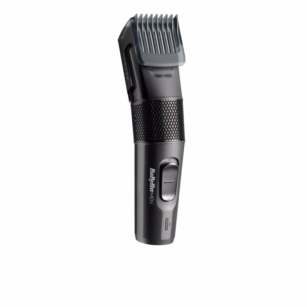 Schwarzer Haarschneider mit Aufsatz. Marke Babyliss MEN. Aufsatz für verschiedene Haarlängen. Ein- und Ausschalter.