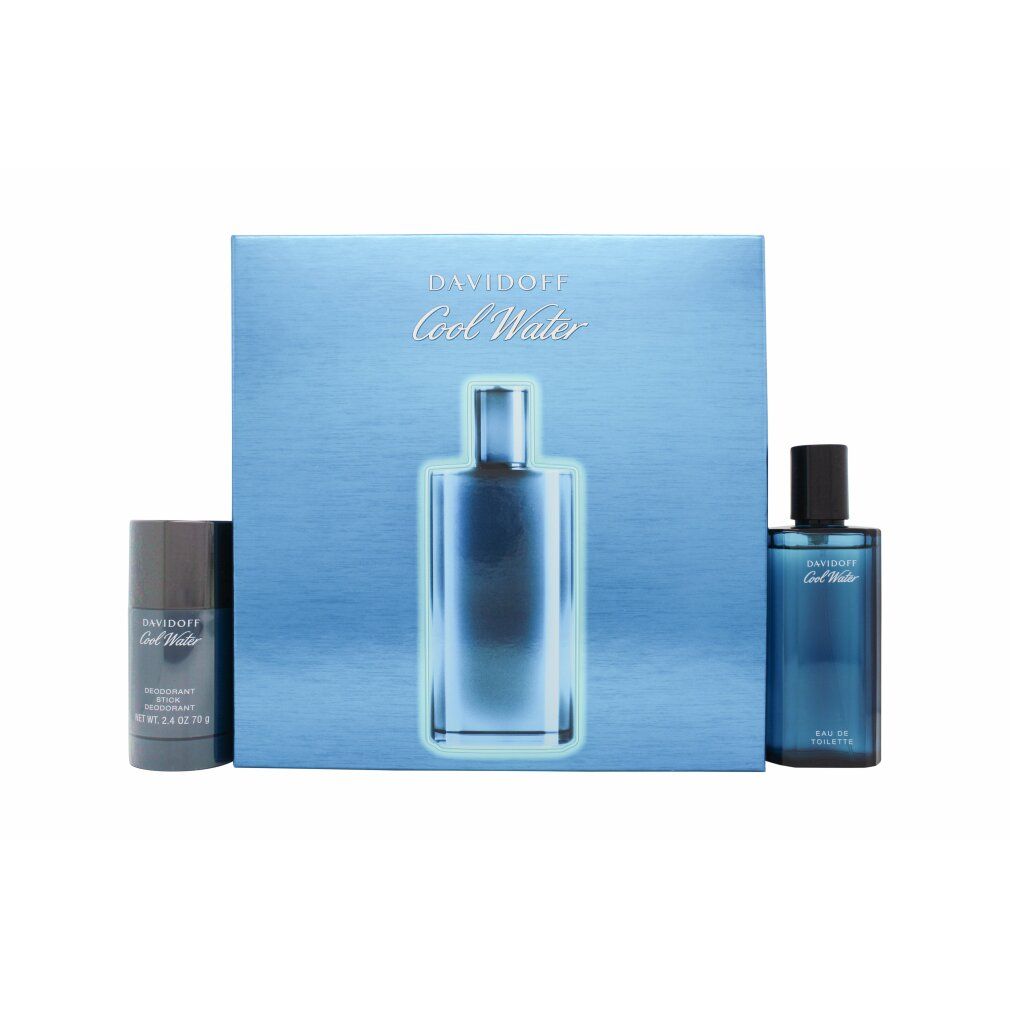 Geschenkset mit Deodorant-Stick und Eau de Toilette in blauer Verpackung. Schriftzug: Davidoff Cool Water.
