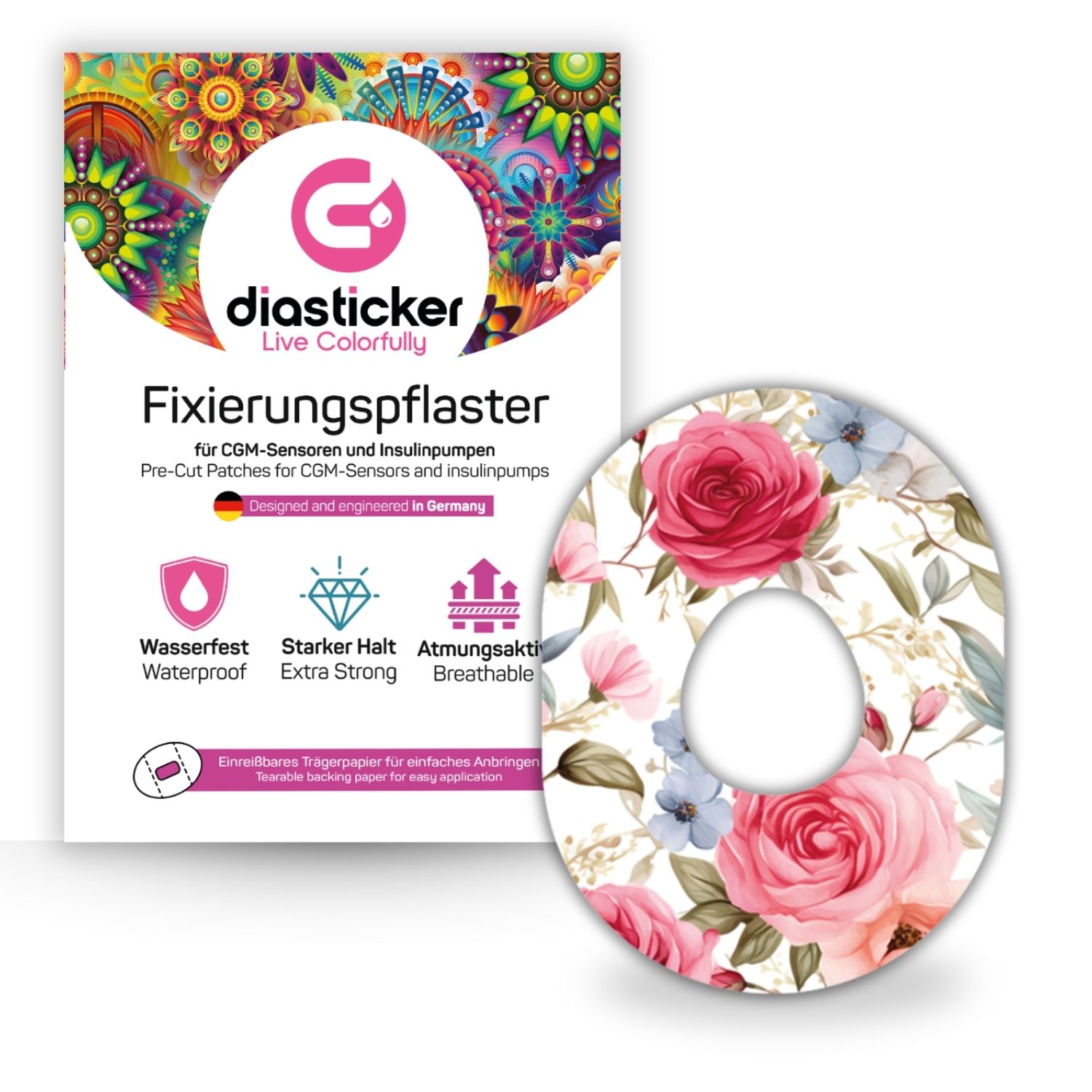 Diasticker® Dexcom G7 Fixiertapes 'Red Roses' 5 St