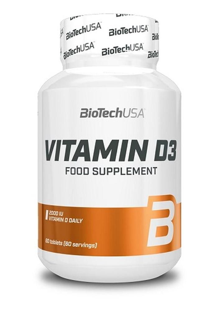 Weiße Flasche mit Vitamin D3 Tabletten. Aufschrift: BioTechUSA, Vitamin D3, Nahrungsergänzungsmittel. 60 Tabletten.
